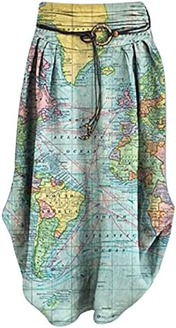 Badhub женски макси фустан памучни постелнина Глобална мапа отпечатено лабава асиметрична помска здолниште со средно-калф со појаси