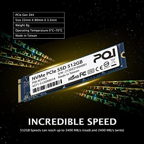 PQI Enturance Performance Series 512GB Внатрешен погон на цврста состојба SSD PCIE NVME 1.3 Gen3x4 Gaming Desktop PC Gaming