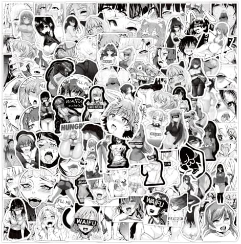 100 парчиња ecchi hentai ahegao лице налепници за аниме девојче за возрасни, црно -бели лекови винил водоотпорни налепници, секси аниме