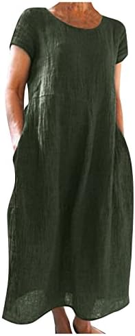 Onените фустани за, женска летна обична цврста боја со кратка боја на вратот О-вратот за зашивање лабава џебна памучна постелнина фустан