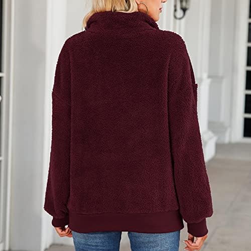Avirho Womenените Sherpa Pullover Sweatshirts четвртина патент нејасни дуксери со долги ракави женски јакна со џебни меки, црвени