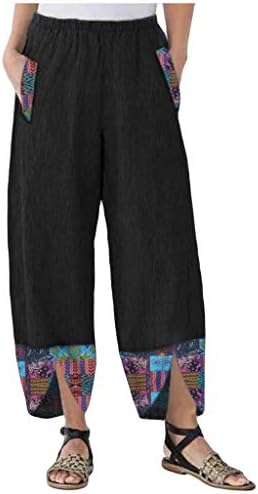 Meymia женски памучни постелнини панталони мода лесна печатење со висока половината за печатење на половината со широко распространето широко