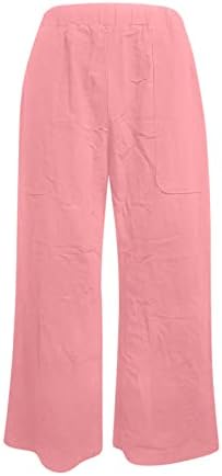 Женски широки панталони со нозе со цврста боја памучна постелнина еластична половината лабава панталони