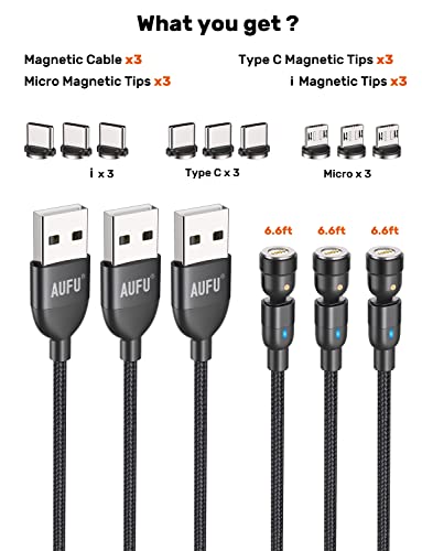 Ауфу магнетски кабел за полнење 3 пакет 6,6ft, магнетски телефонски полнач USB магнетски кабел 3а Брзо полнење со податоци за брзо полнење, најлон