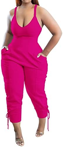 Yuzhih женско лето плус големина на џемпери женски тенок камис без ракави, долг панто -ромпер скок со џебови со џебови