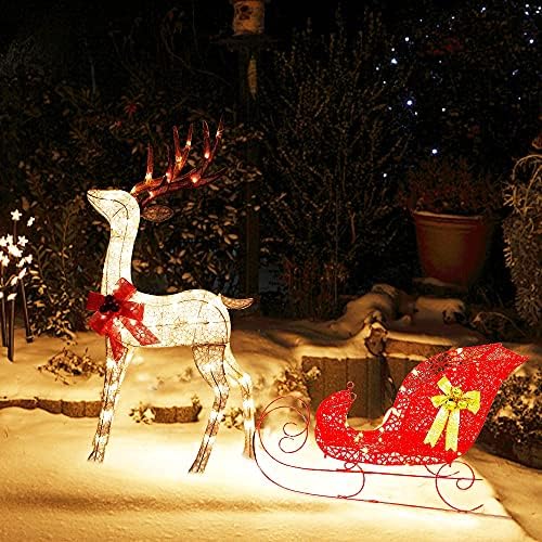 Декорација на Божиќниот двор Zcaukya, 4 ft 120 LED диоди пред-осветлени 3D ирваси и санки на отворено, украси на отворено, топло