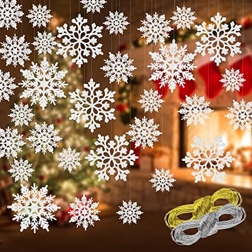 46 парчиња бели сјајни украси од снегулка со различна големина пластични украси на новогодишни елки со сребро за зимско чудо -земја