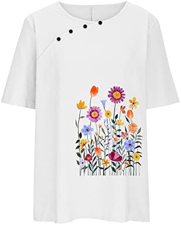 Плус големина на постелнина за жени пролет цветни врвни кратки ракави со тркалезен врат, лето меки удобни врвови на блузи маица кошула