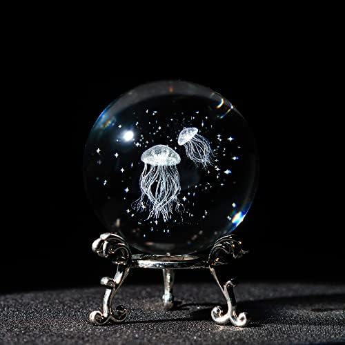HdcryStalgift 3D ласерска врежана медуза со Starвезда океан -2.3inch Кристал декоративна топка фигурина стакло целосна сфера со сребрена