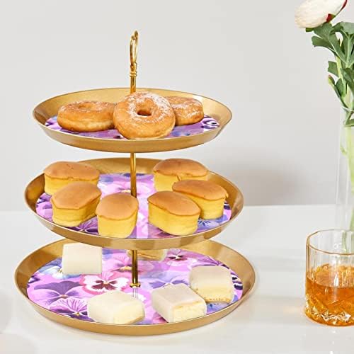 Штанд за Кекси од 3 Нивоа, Беспрекорни Виолетови Цвеќиња Пластични Чинии За Десерти Кои Служат Штанд За Роденденска Чајна Забава Туш