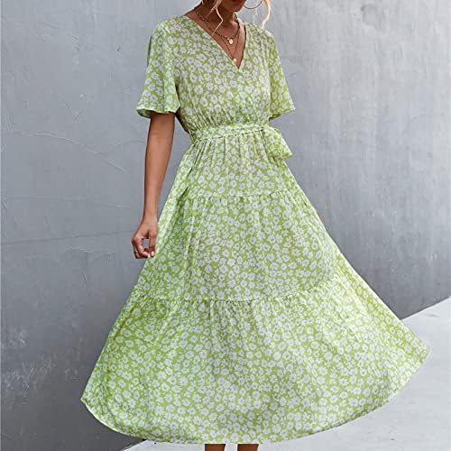 Fragarn женски пролетни фустани, женски летен моден чипка на V-вратот со цветни печати за кратки ракави фустан за зачувување