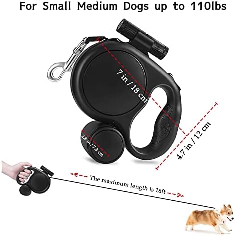 Адидо Ева Повлечена кучиња поводник со диспензерот и LED светло, 16 стапки за одење на кучиња за мали кучиња со мали кучиња до 110 bs анти-лизгачки