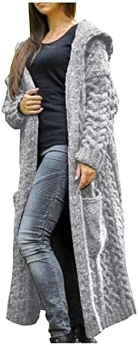 Cableенски џемпери со долги ракави, кабелски кабел плетен палто џемпер цврста боја долга отворена предна надворешна облека трикотажа