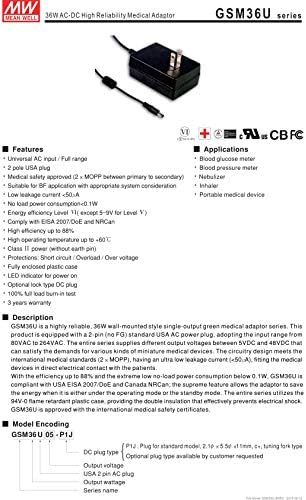 Среден добро GSM36U15-P1J 15V 2.46A 36W AC-DC Медицински адаптер за висока сигурност