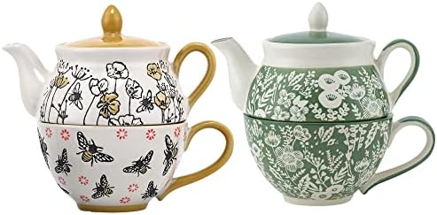 Taimei Teatime керамички чај за еден сет, 15oz чајник со инфузер и сет за чаши, чајник за еден со рачно обоени пчели и цветни шема,