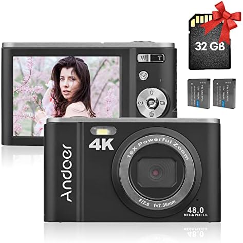 Andoer Portable Digital Camera 48MP 4K 2,8-инчен IPS екран 16x зумирање само-тајмер 128 GB продолжено мемориско откривање анти-тресење со батерии