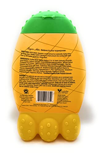 Детски пакет со суров шеќер: 2-во-1 банана + шампон од јагода и балсам, ананас + портокалова меур бања и миење на телото по 12 мл секоја + loofah