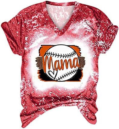 Мргинри Бејзбол мама маица за жени 2023 летен моден мечбол краток ракав изветвен мета врвови обични лабави фит блуза