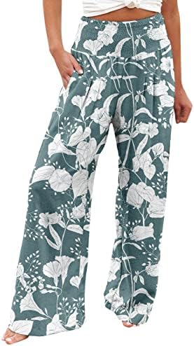 HCJKDU модни широки панталони за нозе за жени Еластична половината цветна печатена истегнување висока половината долга пантолона