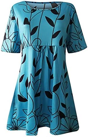 Плус големина Хаваи фустан за жени 2023 Тркалезен врат цвеќиња со цвеќиња со кратки ракави, мини фустан, трендовски преголем проток фустан