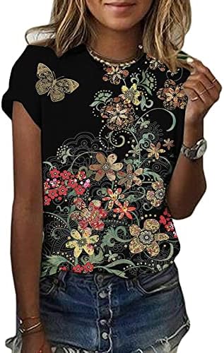 Маици за жени случајни пеперутки цветни печатени летни кратки ракави со тркала вратот на вратот, блузи маички маички врвови