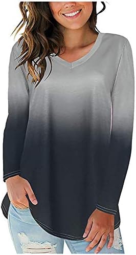 Женски градиенти врвови со долг ракав скриј стомак туника есен мода v вратот маици обични лабави истегнување удобно пуловер сиво