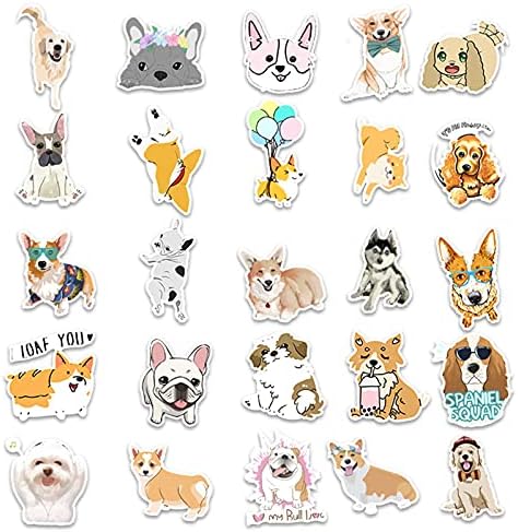 Цртани налепници за кучиња за шишиња со вода 50 пакувања слатки, водоотпорни, естетски, трендовски налепници за кучиња за тинејџери,