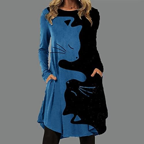 Nokmopo Долг ракав Коктел фустан за женски моден моден обичен печатен печатен врат пуловер лабав фустан со долг ракав