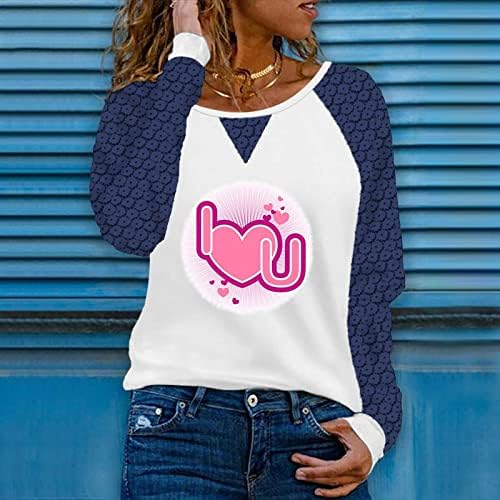 Слатки врвови за печатење на срцето за жени чипка со долги ракави маички обична лабава екипаж маичка од капчиња од валентин блузи