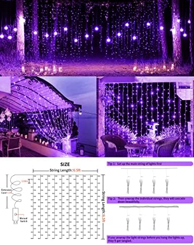Сиддус виолетова завеса светла за спална соба, 200 со пурпурни светла за треперење со далечински, светла за водопади за wallид,