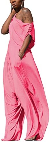Wokanse Womens 2 парчиња облеки со цврст краток ракав од едниот рамо за влечење и лабави харем панталони поставени песни