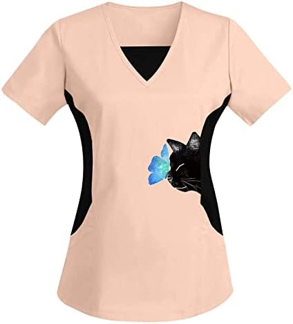 Женски кошули со долг ракав женски плус големина на врвот V вратот кратки ракави мачки отпечатоци од маица блуза дами тренингот