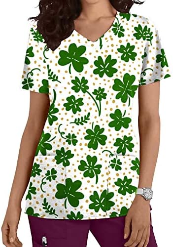 Денот на Свети Патрик, Scrub_shirts for Women ShamRock Graphic Printed Tees со џебови летни кратки ракави лабави врвови