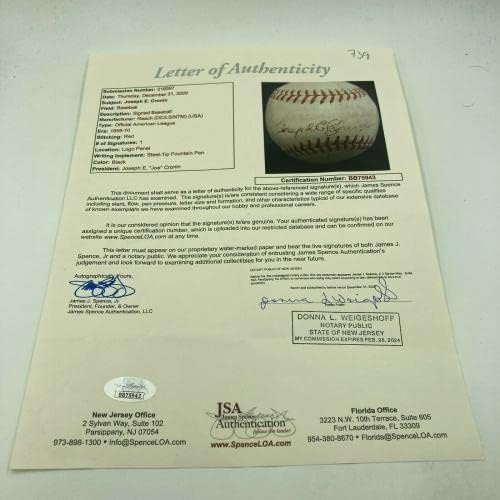 Ретки Џо Кронин Сингл Потпишан 1959 Прототип Американската Лига Бејзбол ЏСА Коа-Автограм Бејзбол