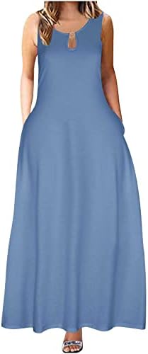 ПВЦ -летни фустани за жени 2023 година со резервоар без ракави без ракави, замав макси фустан со цврст боја, обичен фустан со џебови