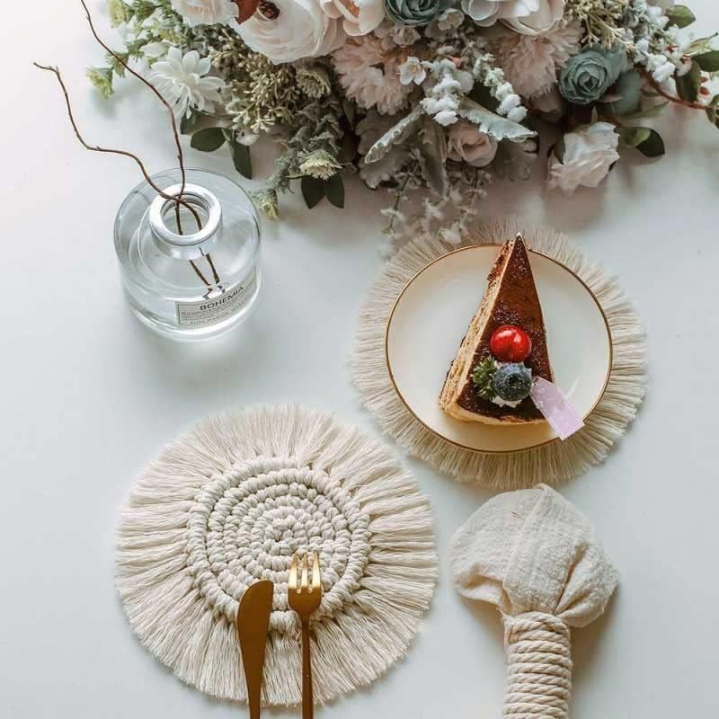 Mxiaoxia Handwoven MacRame Coasters памучно јаже плетенка за пласмати чаша подлога табела декор отпорна на топлина чаша чаша чаша