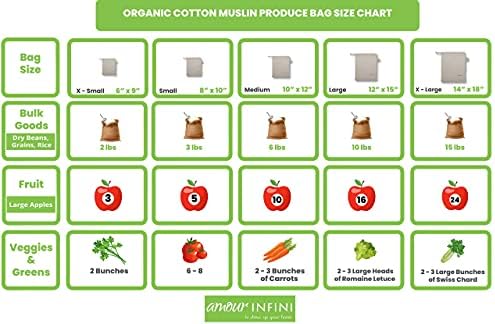 Amour Infini Organic Organic Organic Potton Potter Cagn | Избришете ги торбите со муслин за овошје и складирање на зеленчук | Сет од 3