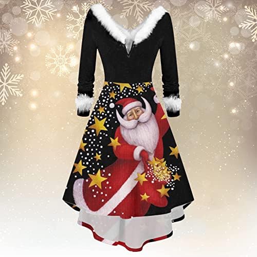 Женски божиќен забавен фустан моден кадифен плишани долги ракави V-вратот неправилни фустани грди смешни џемпери