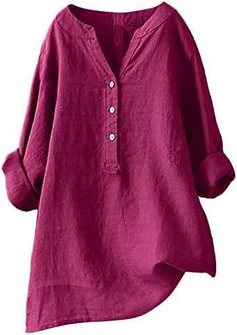 Yfjrbr женски летни кошули памучни постелнина лабава вклопена плус големина s-5xl краток ракав против копчиња за скут на вратот лесни маички