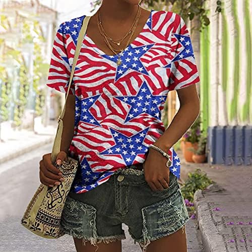 Женски 4-ти јули врвови патриоти преголема блуза облечена обична летна туника кошули американско знаме за печатење против вратот маица за