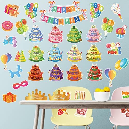 Среќен роденден билтен украси, роденденски месец билтен сет за декор во училница приказ на забави за забави колачи круни на балони за канцеларија