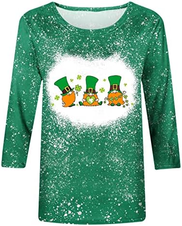 2023 Денот на Свети Патрик изветвени кошули за жени 3/4 ракави Симпатични гноми графички маички обични екипа на вратот на вратот на вратот