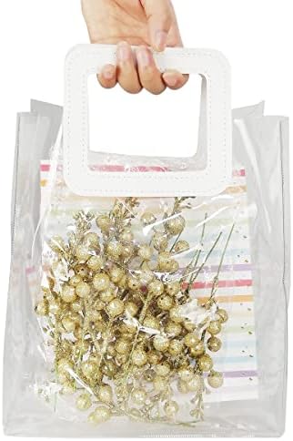 Транспарентна торба за тота, чисти пластични торби за подароци со бела кожна рачка, торба за подароци со тешка рачка за шопинг за свадбени