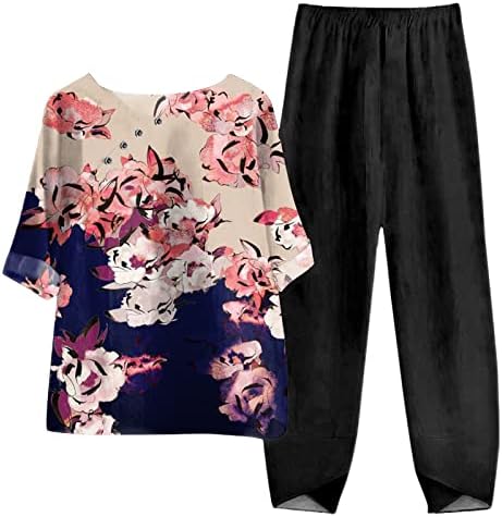 2 парчиња облека за жени плус големина лето лето -лабава лабава постари жени облеки поставува кратки ракави маички и панталони комплети