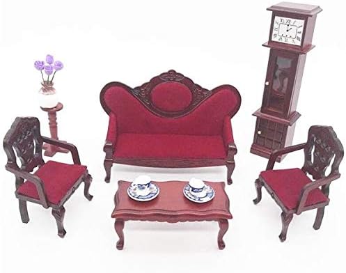 Јадење на обработка 1:12 Минијатурен мебел за дневна соба гроздобер црвен дрвен тросед фотелја за кауч 3 парчиња Постави тросед + 2 столици