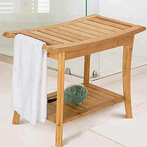 Бамбус столче за туширање со рачки, дрвена водоотпорна Спа водоотпорен туш, преносен дрвен организатор на седиштето со решетки за складирање