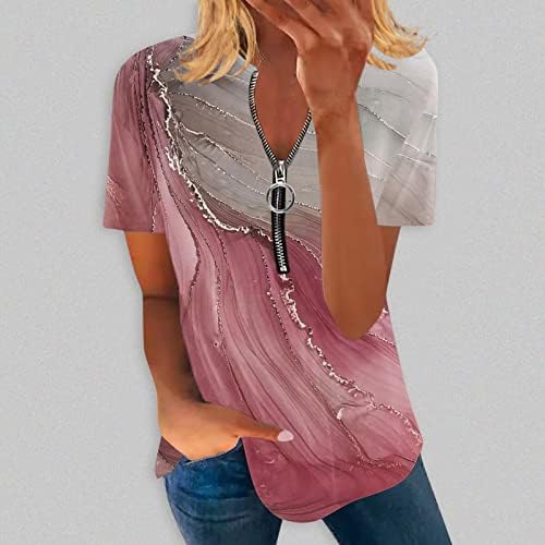 Средна кошула 2023 женска врвна маица тркалезна вратот половина патент за дишење на летен кратки ракави за печатење тенок лето