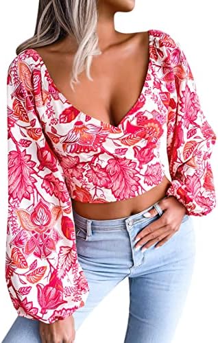 Beuu дами одморалиште Фенер со долг ракав кошули дами обичен лак цветни печати шифонски маички кошули култури врвови лето