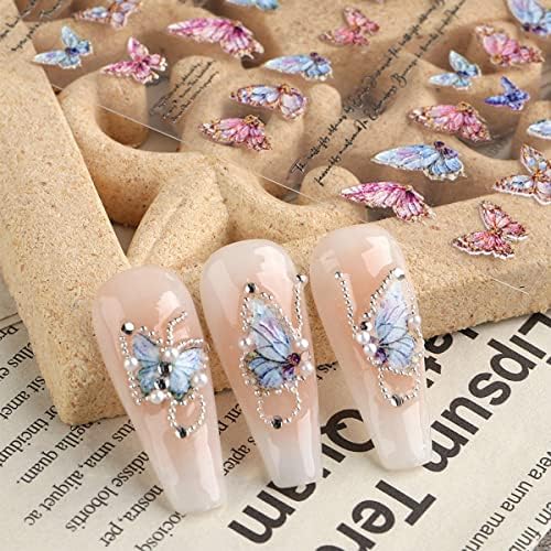 2 листови налепници за нокти на пеперутка и 1 тегла Мешани нокти бисери дијамантски кристални шарми поставени 3Д само-лепени холографски розови
