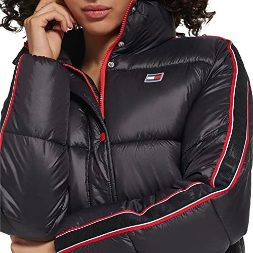 Tommy Hilfiger Women's Women's Women Chated Fit патент џебови Puffer Jacket Logo Training Down ракави